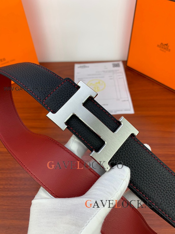 AAA Replica Hermes Society Reversible Belt Black and Red Calf Belt 38mm